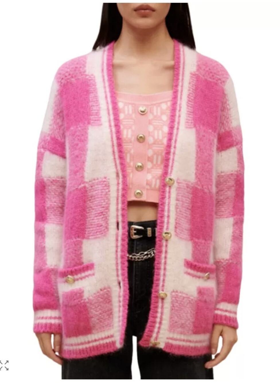 Maje Women's Checkered Jacquard Cardigan S Mohair Blend Chic Designer Preppy